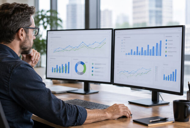 Profissional analisando painéis de dados integrados de marketing e desempenho em monitores duplos no escritório.