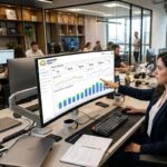 Profissional de marketing digital analisando o painel de campanhas do Mercado Livre Ads em um monitor ultrawide em ambiente de agência corporativa.