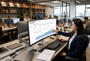 Profissional de marketing digital analisando o painel de campanhas do Mercado Livre Ads em um monitor ultrawide em ambiente de agência corporativa.