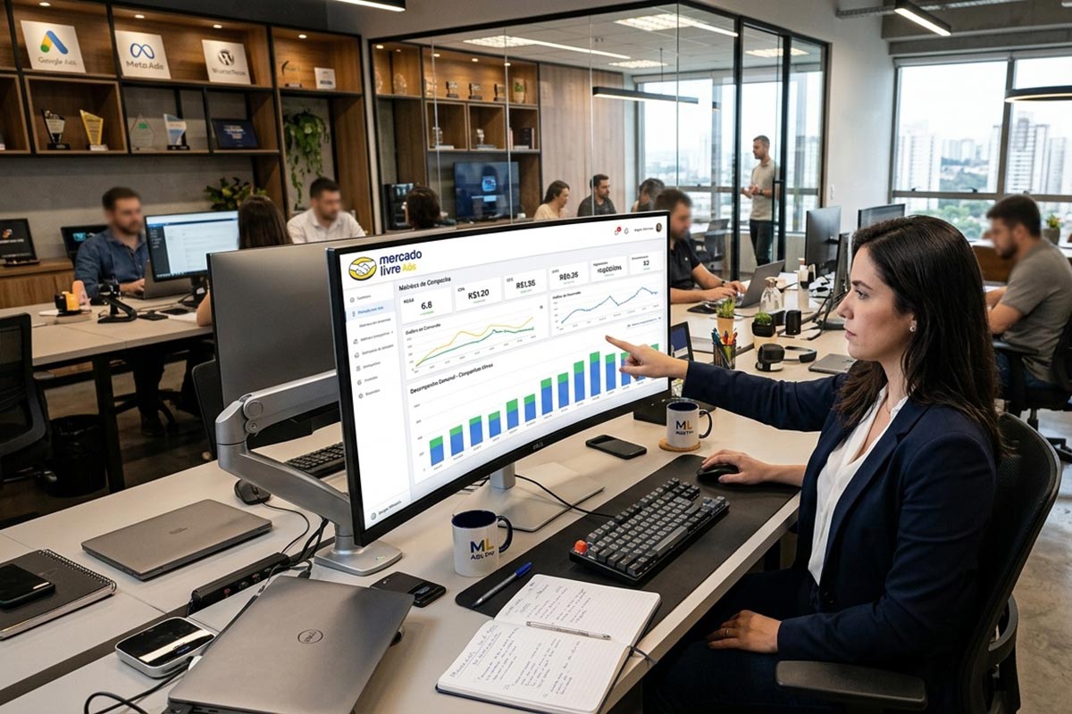 Profissional de marketing digital analisando o painel de campanhas do Mercado Livre Ads em um monitor ultrawide em ambiente de agência corporativa.