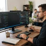 Profissional de tecnologia analisando código-fonte e estrutura DOM em monitor ultrawide no escritório.