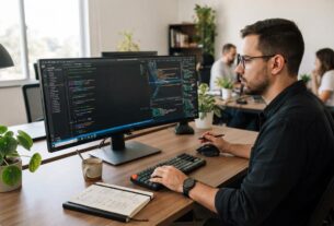 Profissional de tecnologia analisando código-fonte e estrutura DOM em monitor ultrawide no escritório.